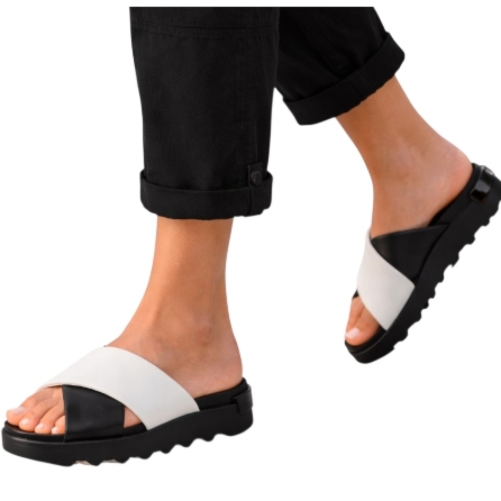 Sorel VIIBE‎ Soft Leather Platform Slide Sandals Black White